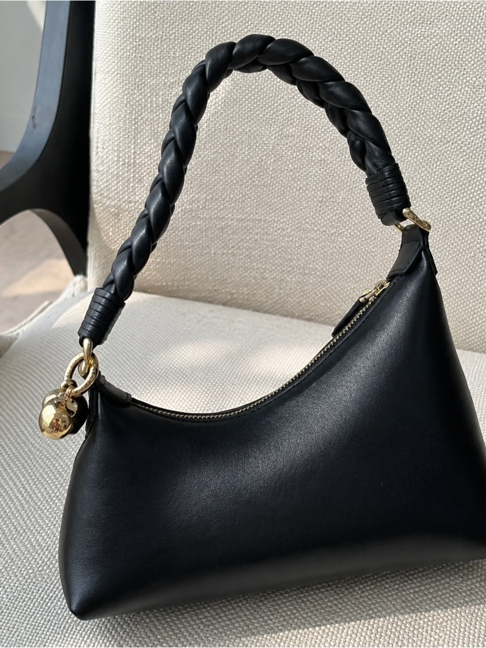 Black Braided-Handle Shoulder Bag with Gold Accents